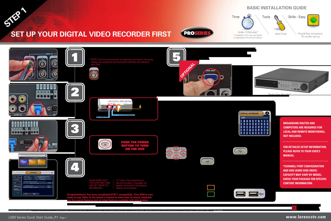 LOREX Technology L500 Series quick start Step up Your DIGITAL VIDEO RECORDER First, Basic Installation Guide, Time, Tools 