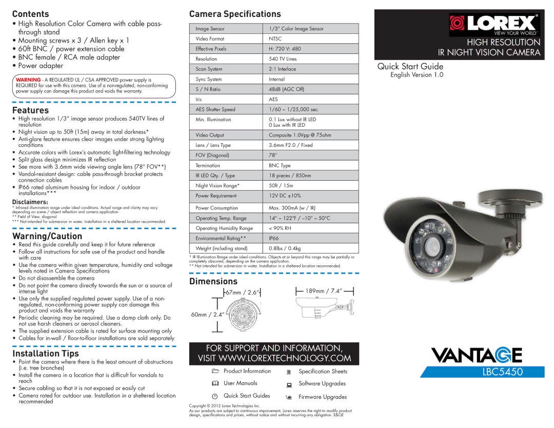 LOREX Technology LBC5450 dimensions Contents, Features, Installation Tips, Camera Specifications, Dimensions 