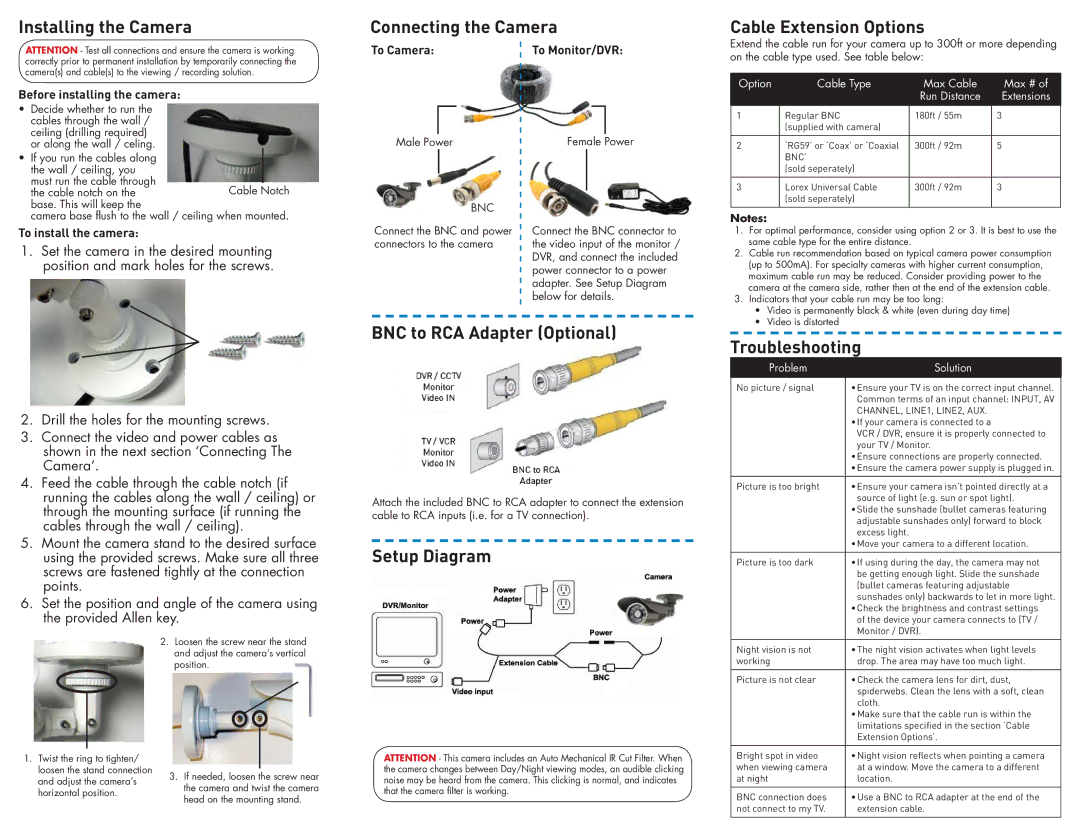 LOREX Technology LBC5450 dimensions Installing the Camera, Connecting the Camera, Cable Extension Options 