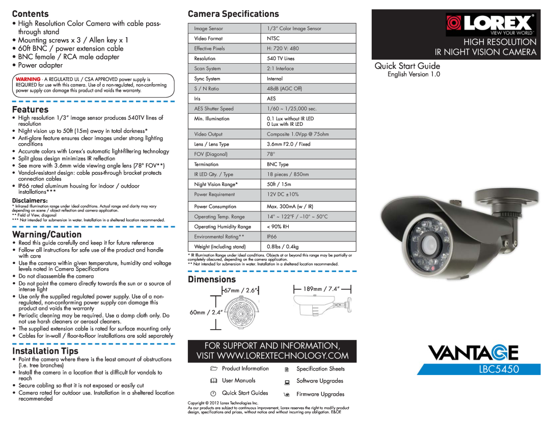 LOREX Technology LBC5450 dimensions Contents, Features, Warning/Caution, Installation Tips, Camera Specifications 