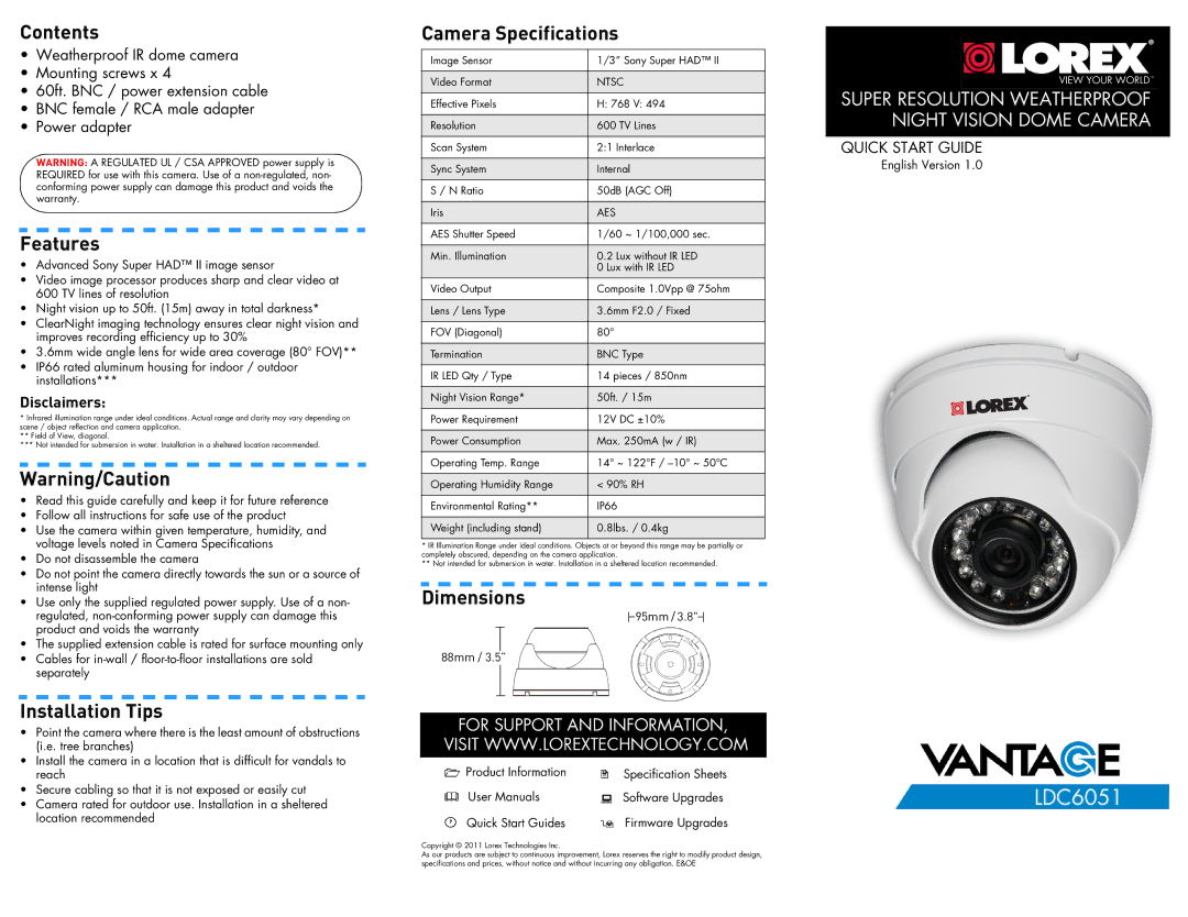 LOREX Technology LDC6051 dimensions Contents, Features, Installation Tips, Camera Specifications, Dimensions 