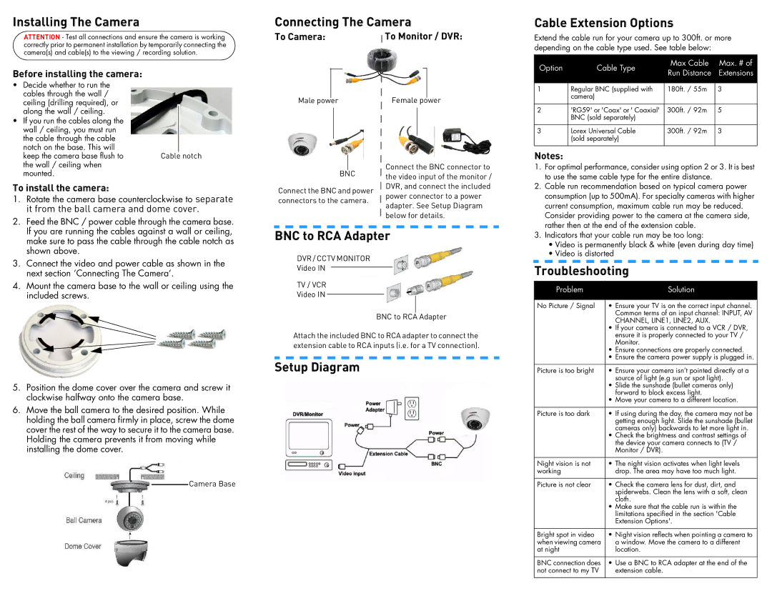 LOREX Technology LDC6051 dimensions Installing The Camera, Connecting The Camera, BNC to RCA Adapter, Troubleshooting 