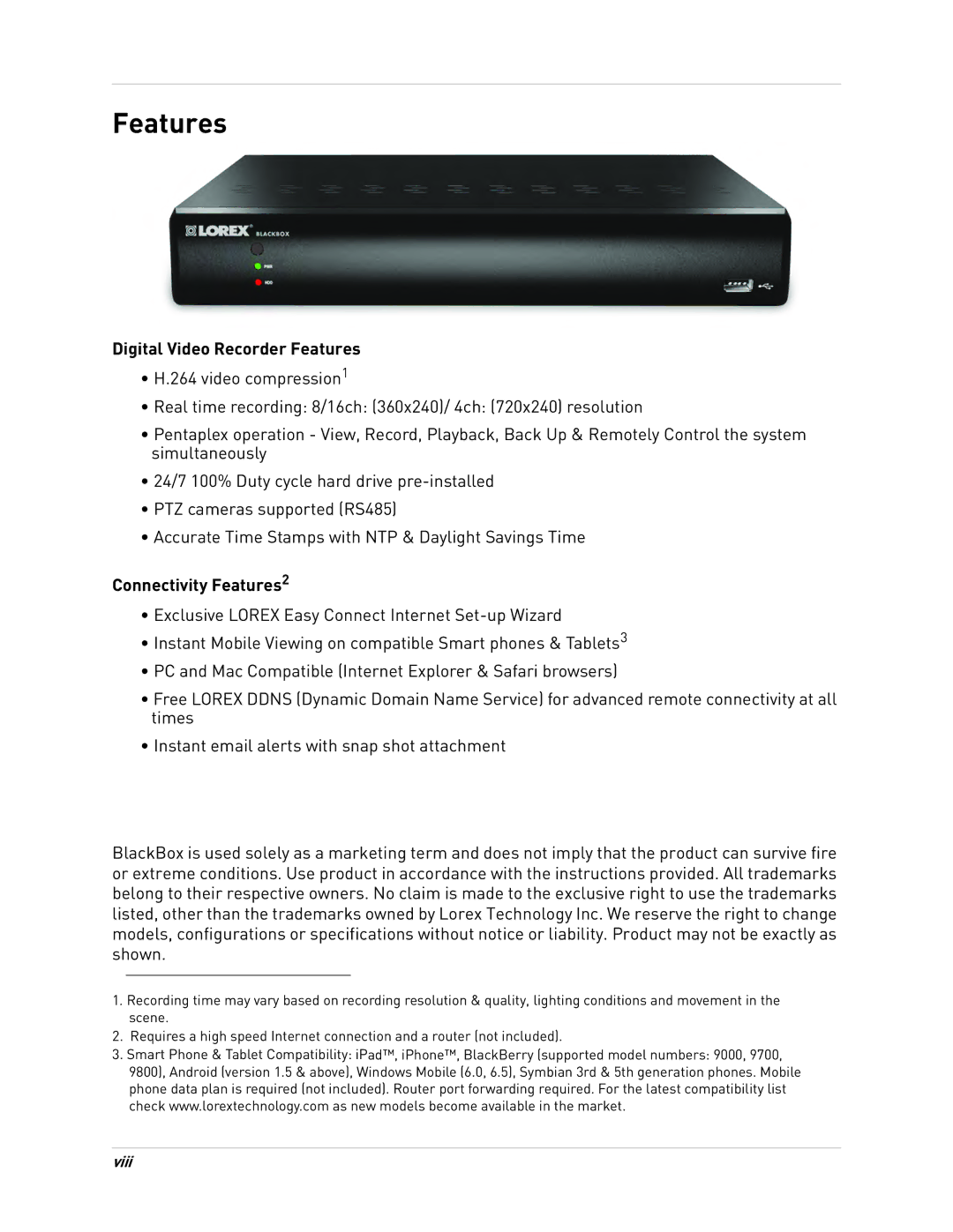 LOREX Technology LH010 ECO BLACKBOX SERIES instruction manual Digital Video Recorder Features, Connectivity Features2 