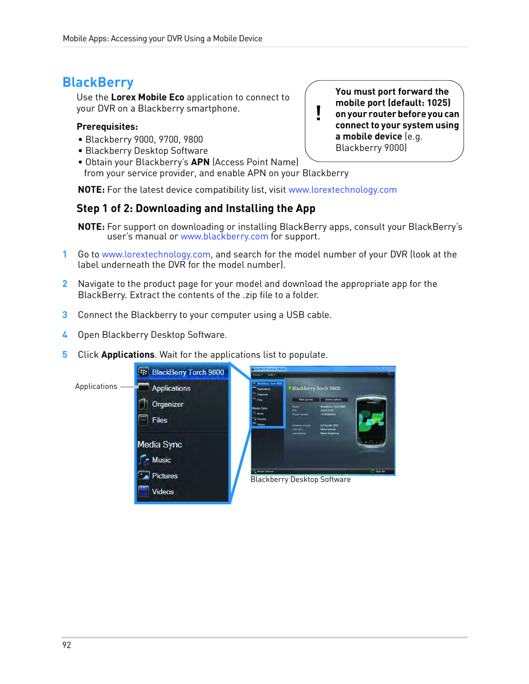 LOREX Technology LH010 ECO BLACKBOX SERIES instruction manual BlackBerry, Downloading and Installing the App 