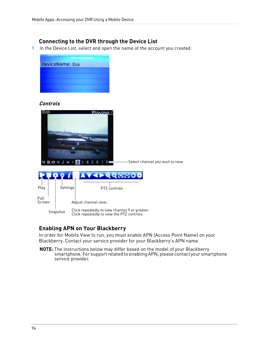 LOREX Technology LH010 ECO BLACKBOX SERIES Connecting to the DVR through the Device List, Enabling APN on Your Blackberry 