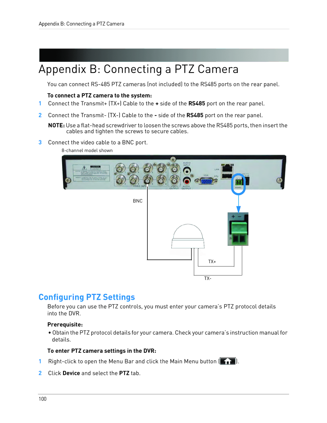 LOREX Technology LH010 ECO BLACKBOX SERIES Appendix B Connecting a PTZ Camera, To connect a PTZ camera to the system 