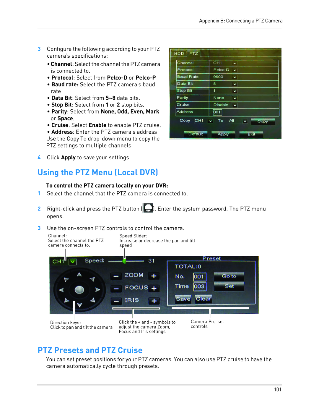 LOREX Technology LH010 ECO BLACKBOX SERIES instruction manual Using the PTZ Menu Local DVR, PTZ Presets and PTZ Cruise 