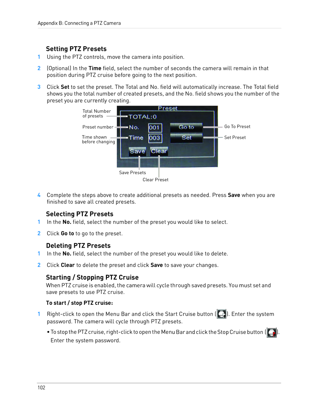 LOREX Technology LH010 ECO BLACKBOX SERIES Setting PTZ Presets, Selecting PTZ Presets, Deleting PTZ Presets 