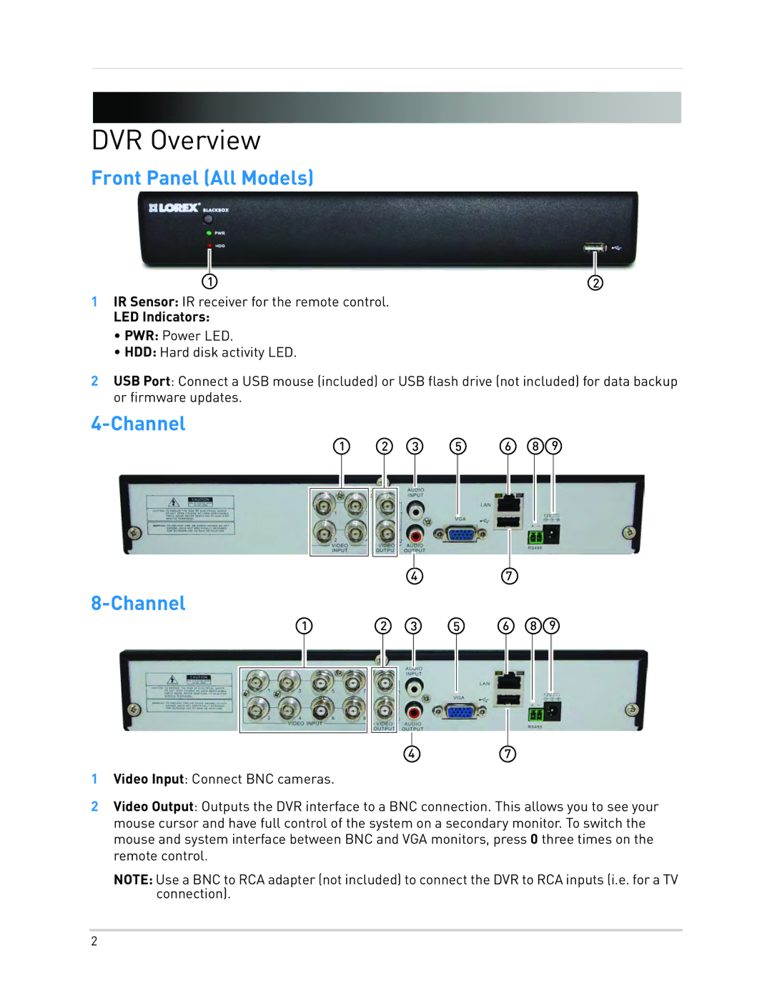 LOREX Technology LH010 ECO BLACKBOX SERIES instruction manual DVR Overview, Front Panel All Models, Channel, LED Indicators 