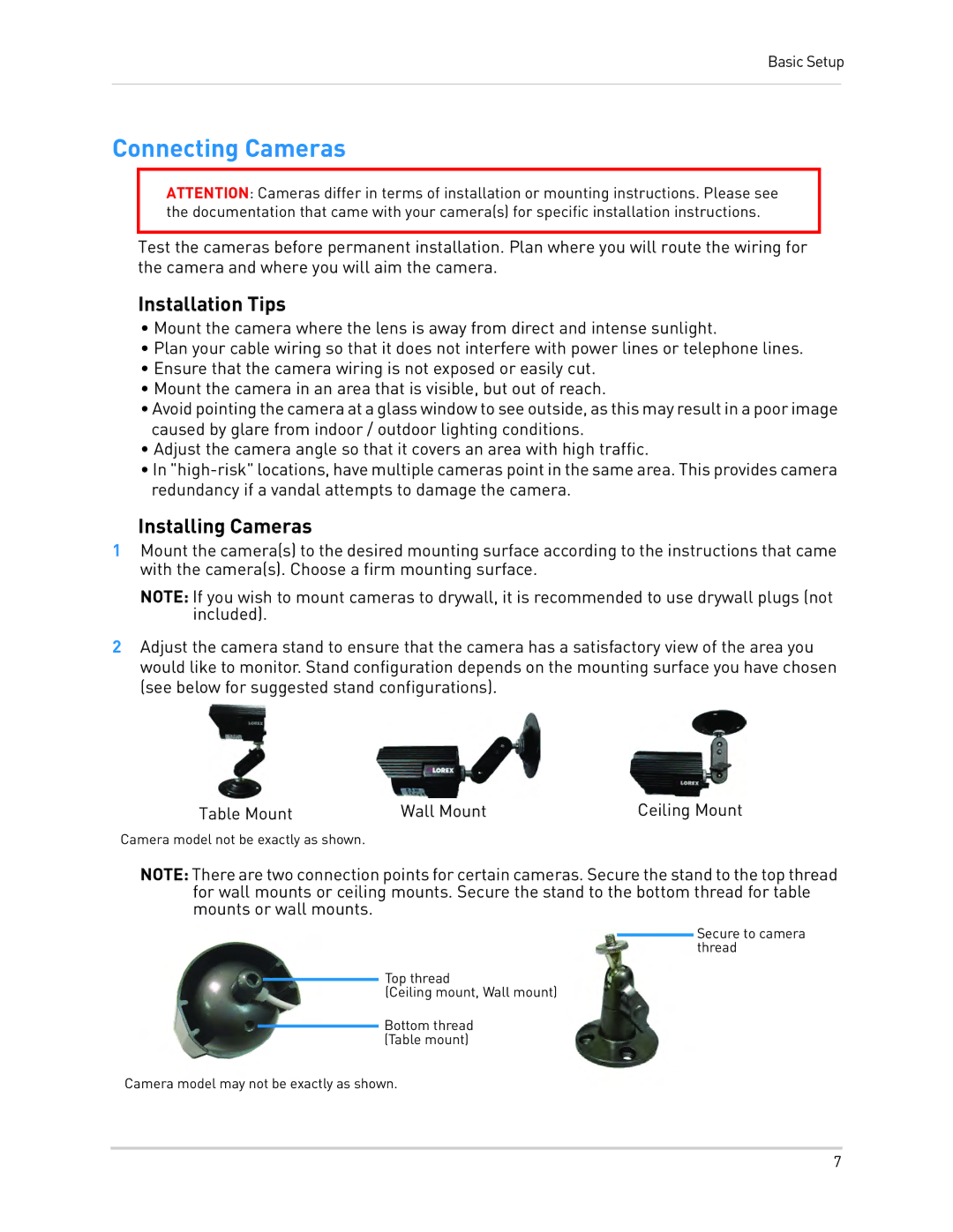 LOREX Technology LH010 ECO BLACKBOX SERIES instruction manual Connecting Cameras, Installation Tips, Installing Cameras 