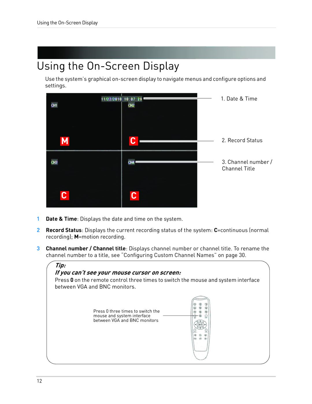 LOREX Technology LH010 ECO BLACKBOX SERIES Using the On-Screen Display, Tip If you can’t see your mouse cursor on screen 