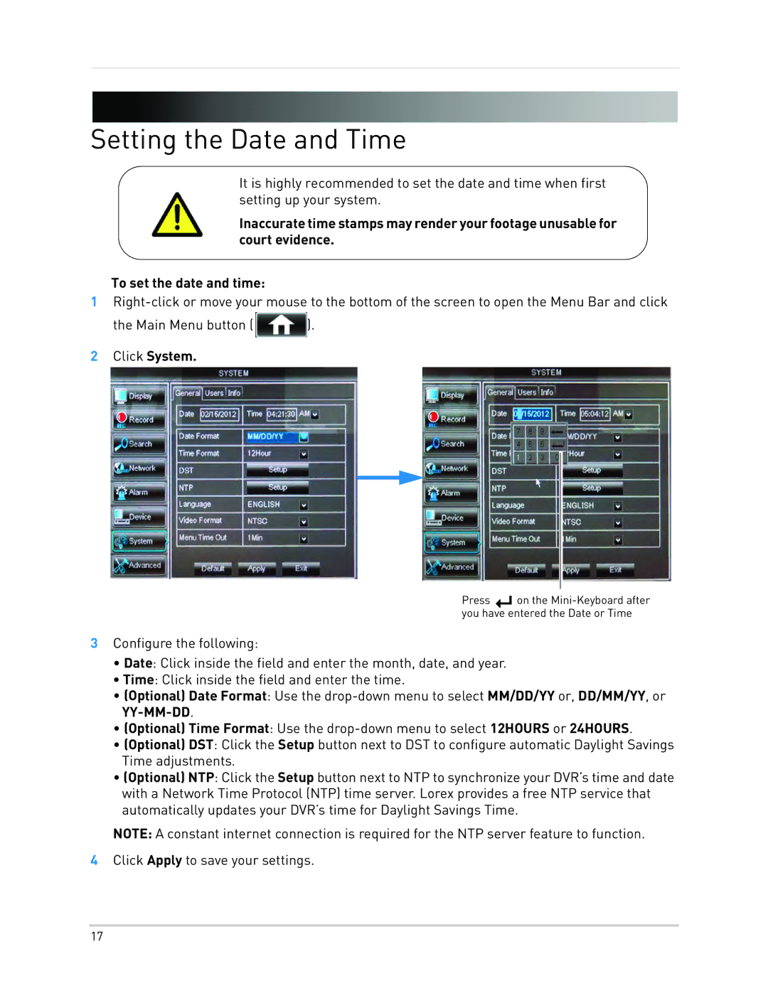 LOREX Technology LH010 ECO BLACKBOX SERIES instruction manual Setting the Date and Time, Click System 