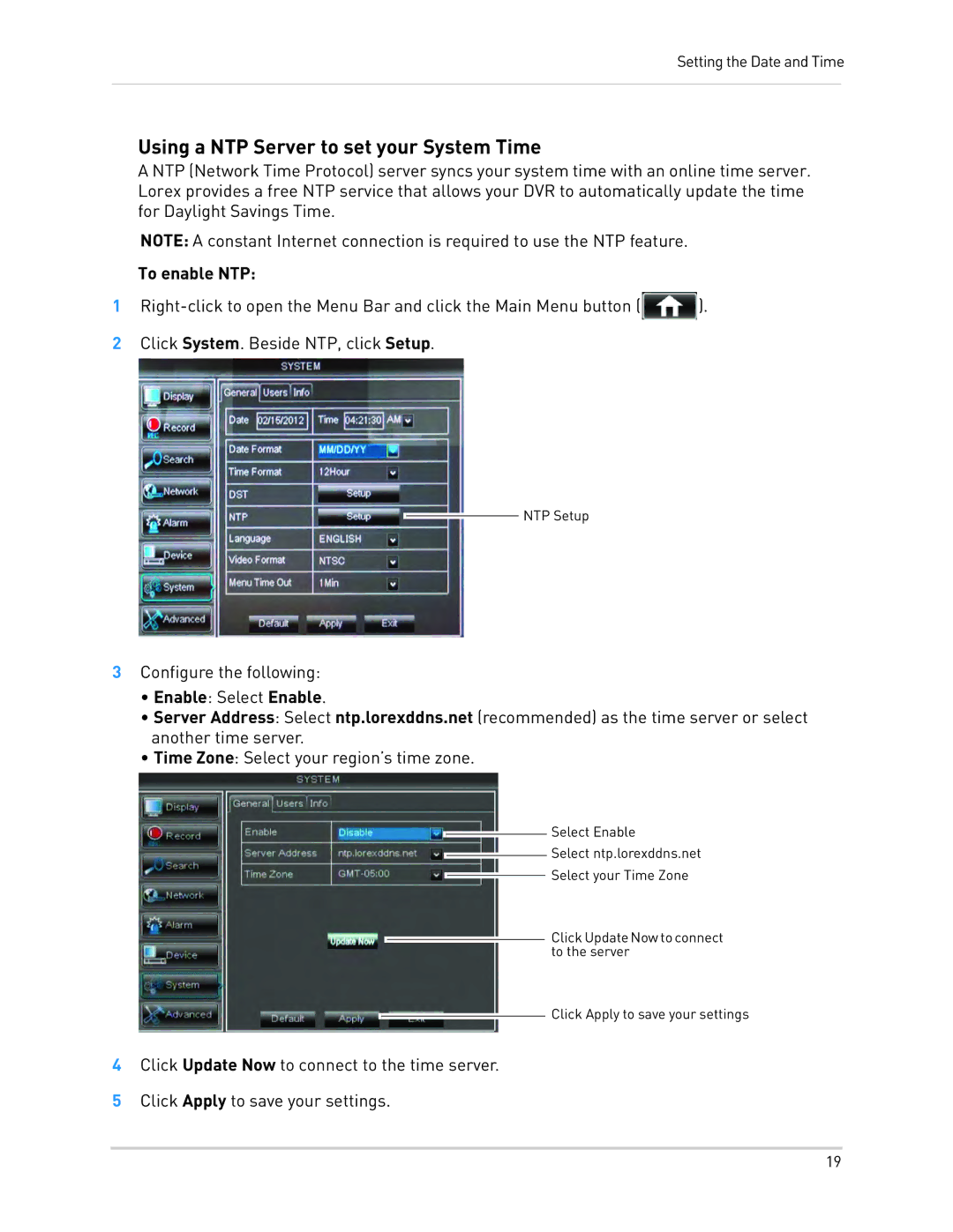 LOREX Technology LH010 ECO BLACKBOX SERIES Using a NTP Server to set your System Time, To enable NTP, Enable Select Enable 