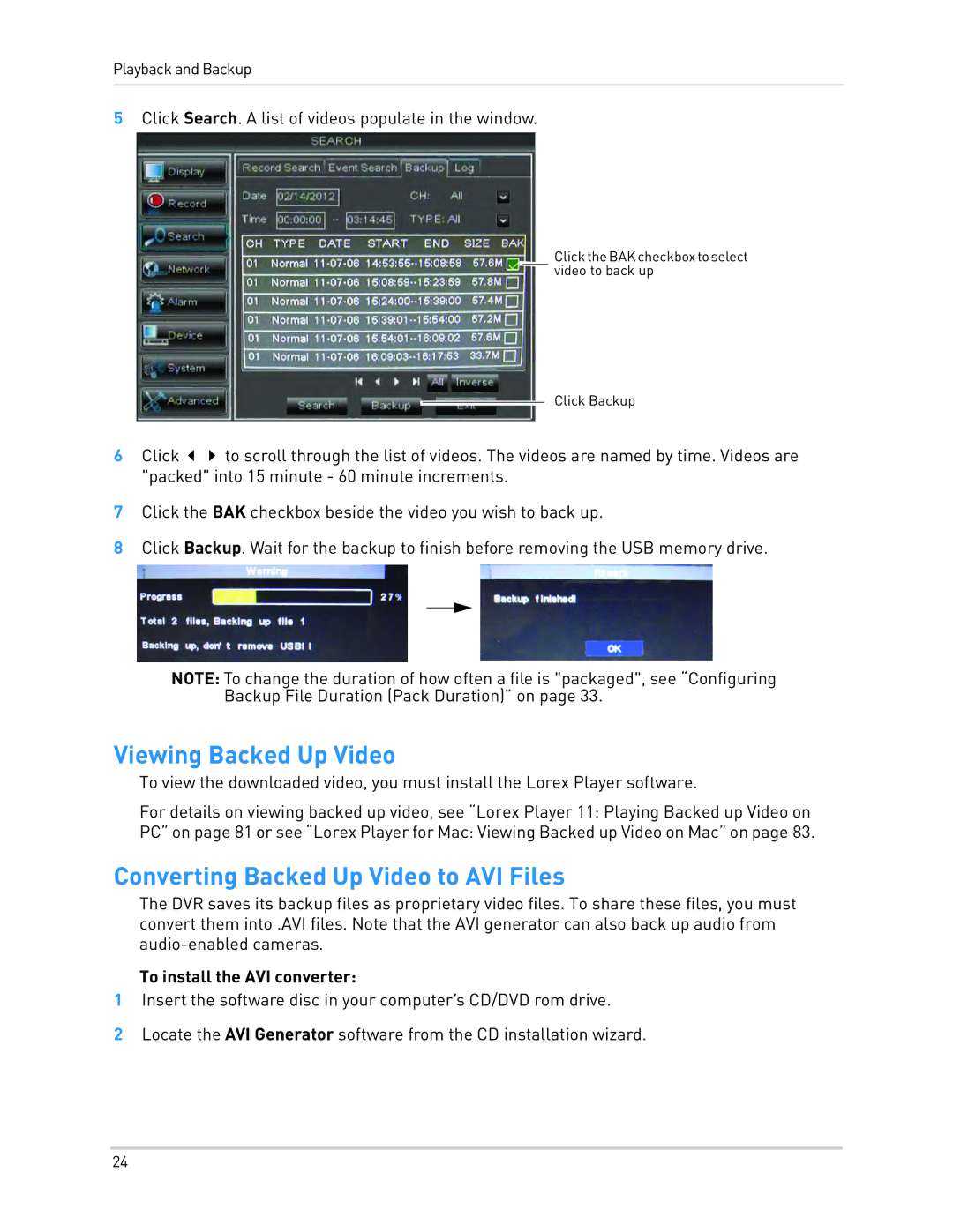 LOREX Technology LH010 ECO BLACKBOX SERIES Viewing Backed Up Video, Converting Backed Up Video to AVI Files 