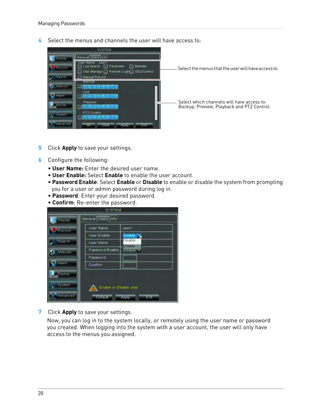 LOREX Technology LH010 ECO BLACKBOX SERIES instruction manual Select the menus and channels the user will have access to 