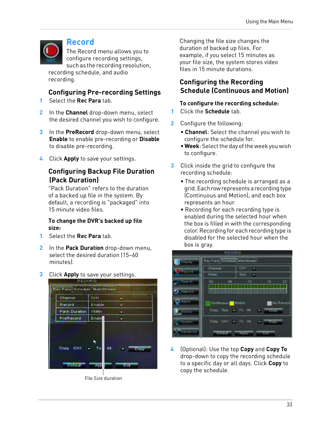 LOREX Technology LH010 ECO BLACKBOX SERIES instruction manual Record, Configuring Pre-recording Settings 