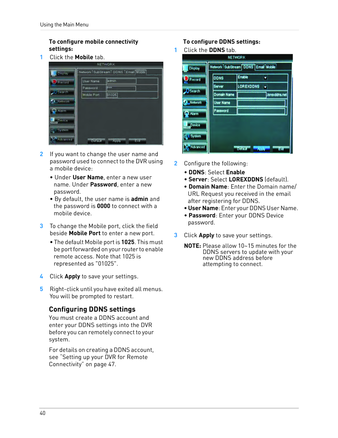 LOREX Technology LH010 ECO BLACKBOX SERIES Configuring Ddns settings, To configure mobile connectivity settings 