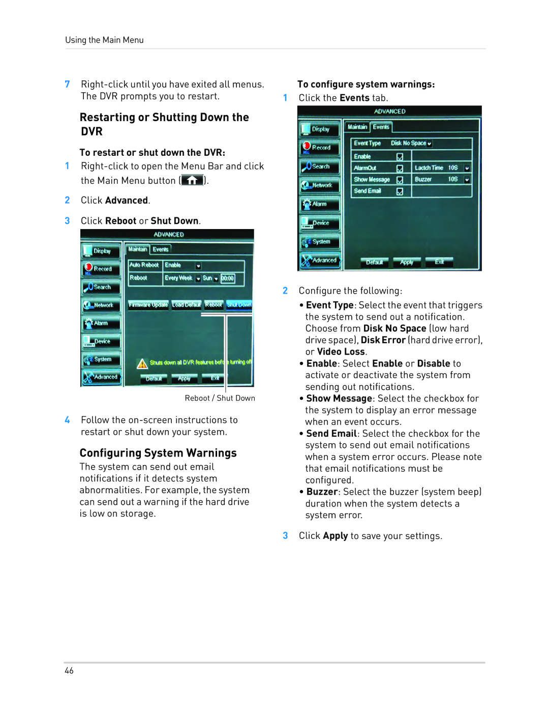 LOREX Technology LH010 ECO BLACKBOX SERIES instruction manual Restarting or Shutting Down, Configuring System Warnings 