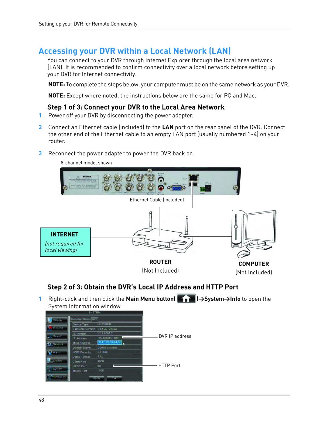 LOREX Technology LH010 ECO BLACKBOX SERIES instruction manual Accessing your DVR within a Local Network LAN, Not Included 