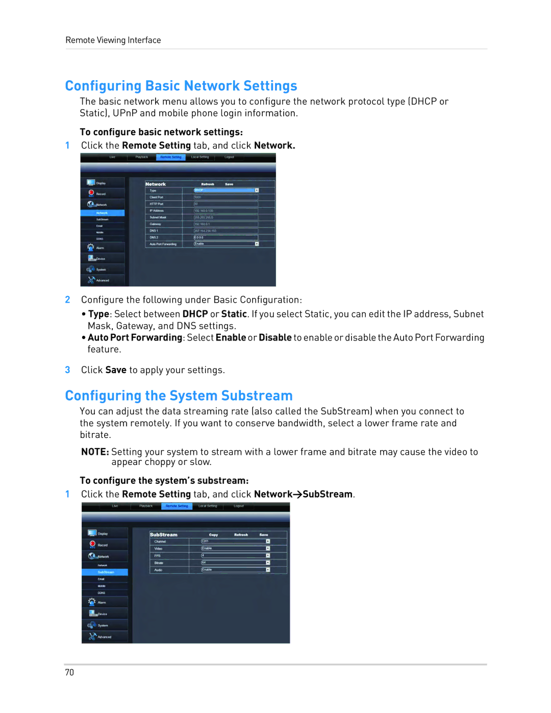 LOREX Technology LH010 ECO BLACKBOX SERIES Configuring Basic Network Settings, Configuring the System Substream 