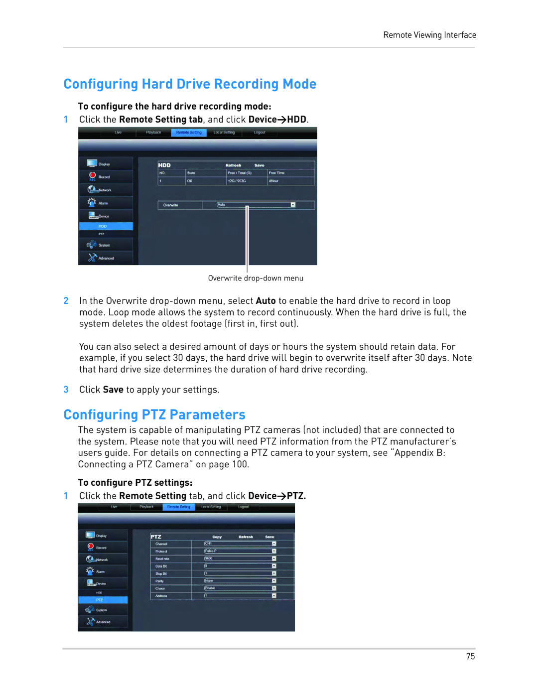 LOREX Technology LH010 ECO BLACKBOX SERIES Configuring Hard Drive Recording Mode, Configuring PTZ Parameters 