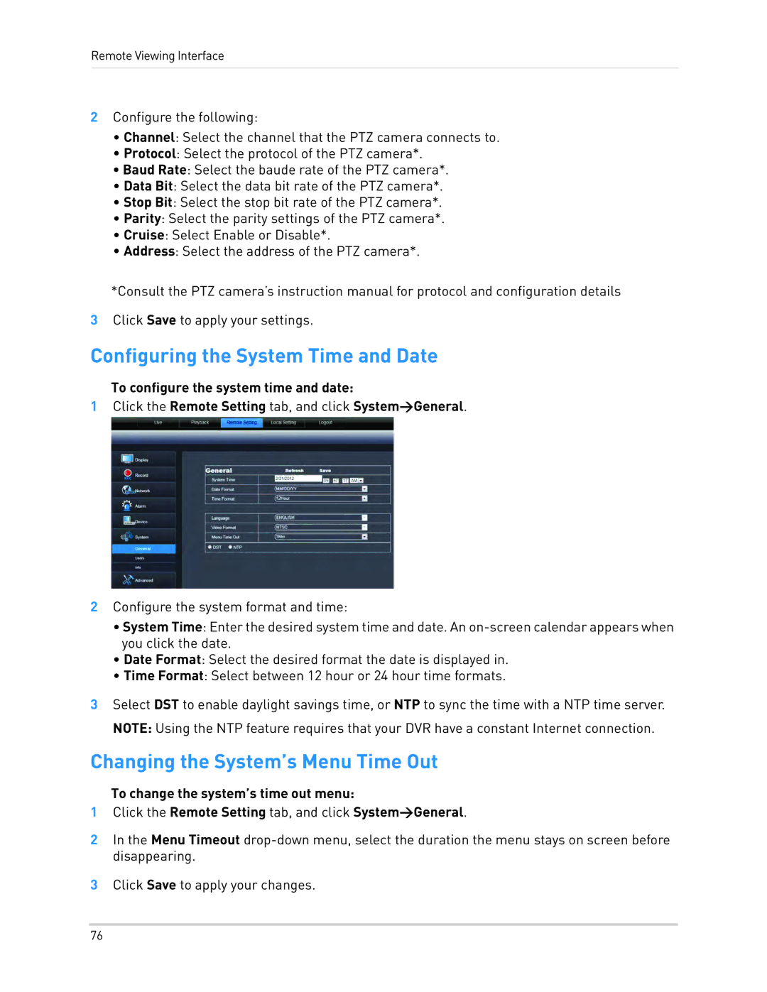 LOREX Technology LH010 ECO BLACKBOX SERIES Configuring the System Time and Date, Changing the System’s Menu Time Out 