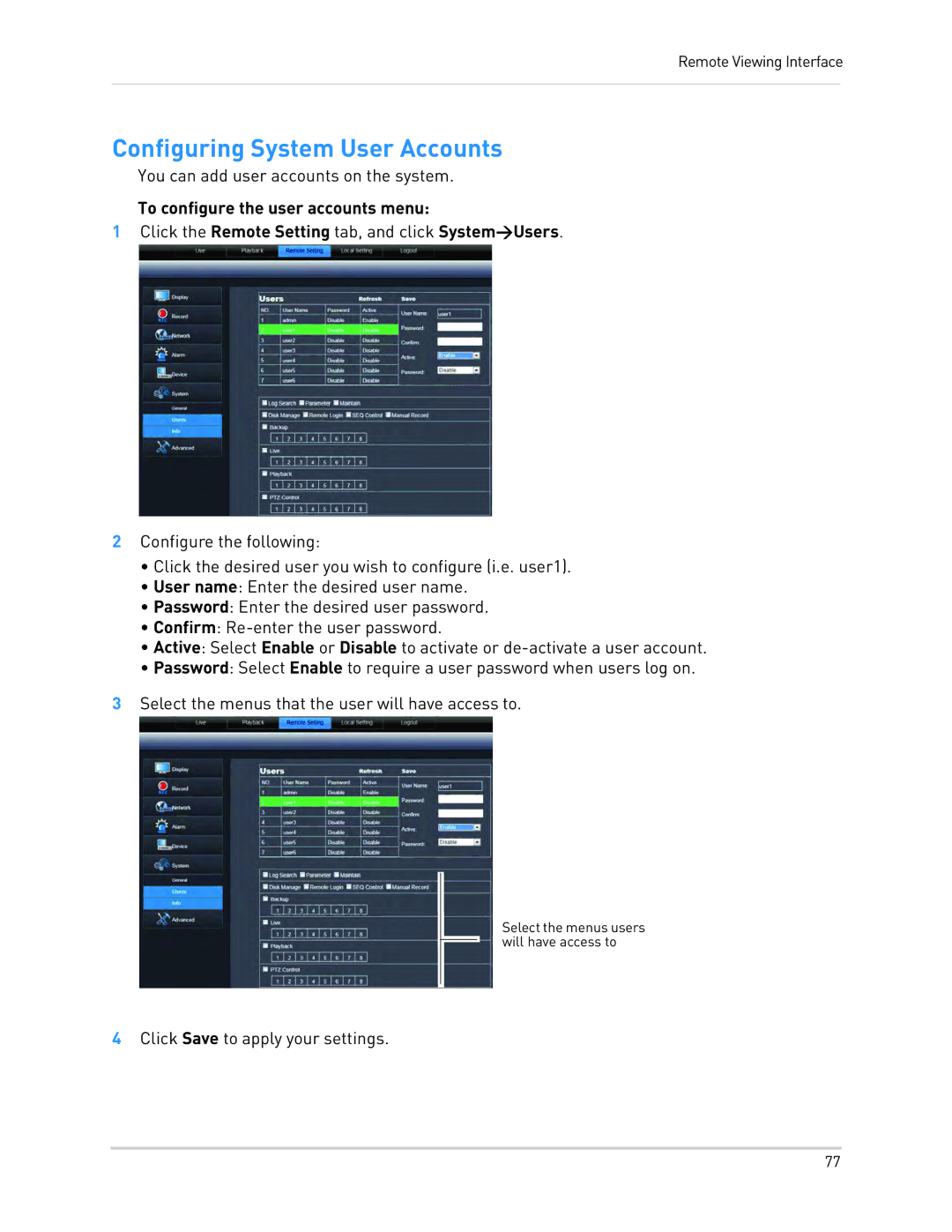 LOREX Technology LH010 ECO BLACKBOX SERIES instruction manual Configuring System User Accounts 