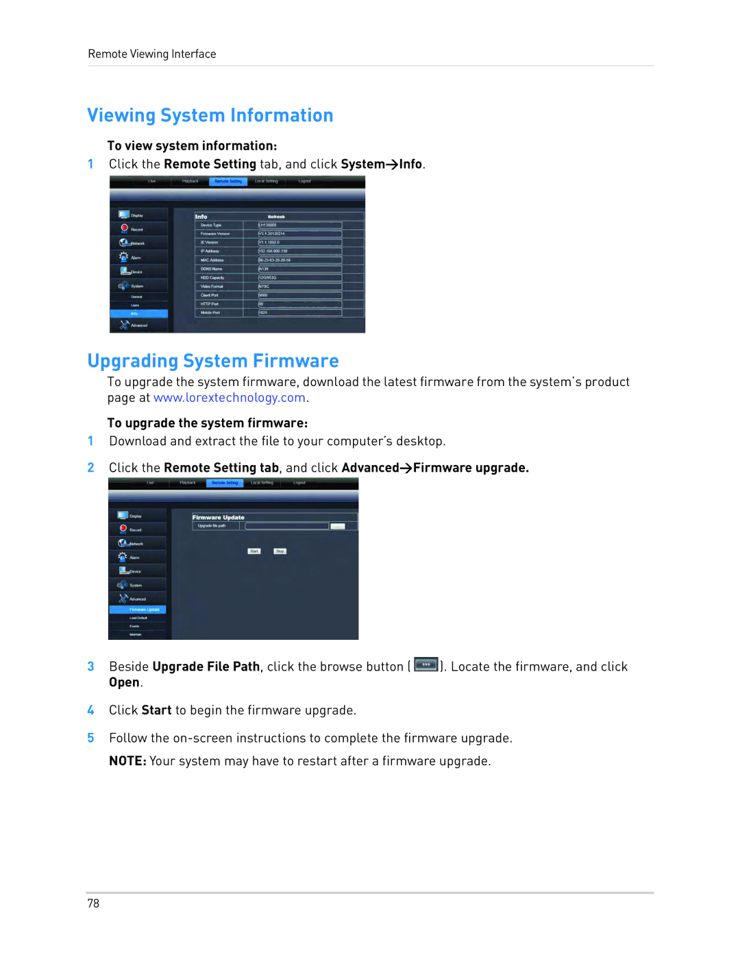 LOREX Technology LH010 ECO BLACKBOX SERIES instruction manual Viewing System Information, Upgrading System Firmware 