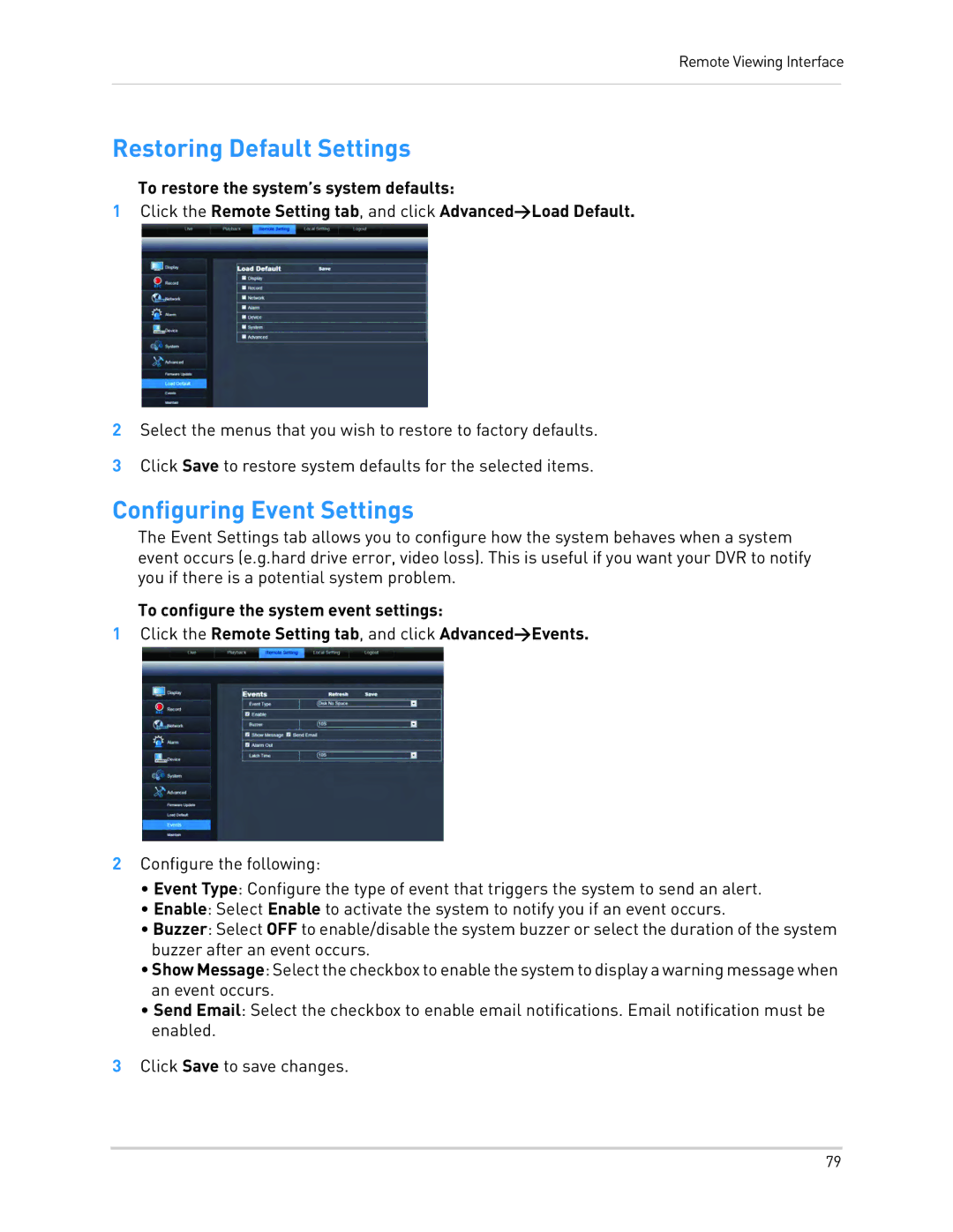 LOREX Technology LH010 ECO BLACKBOX SERIES instruction manual Restoring Default Settings, Configuring Event Settings 