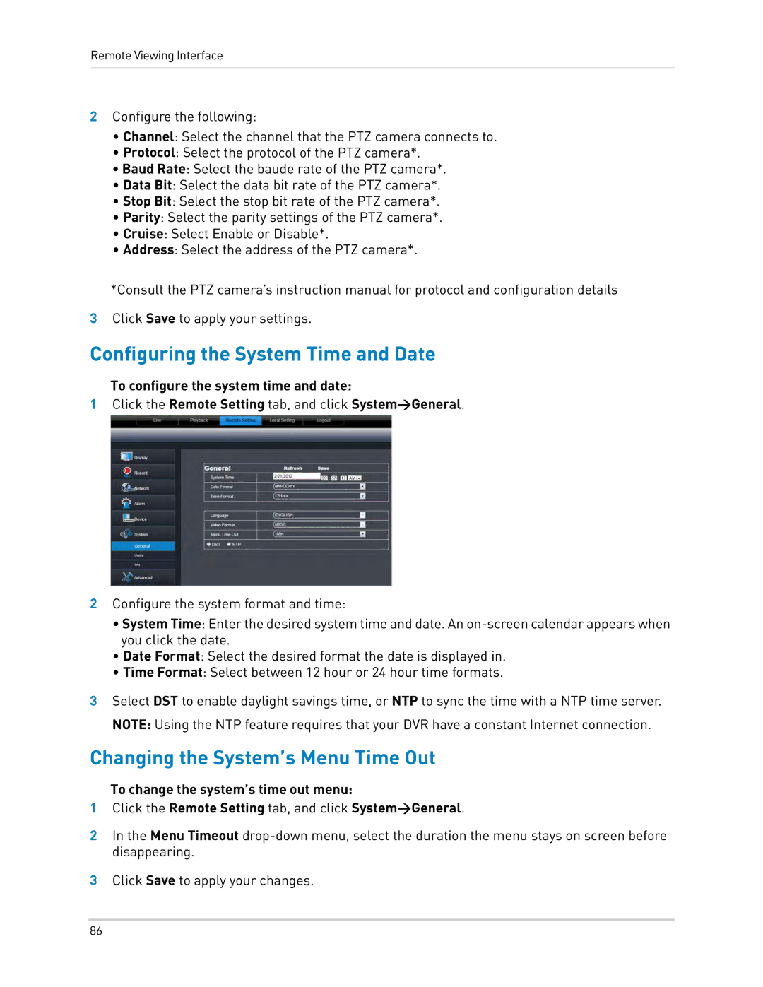 LOREX Technology LH0181011C8F instruction manual Configuring the System Time and Date, Changing the System’s Menu Time Out 