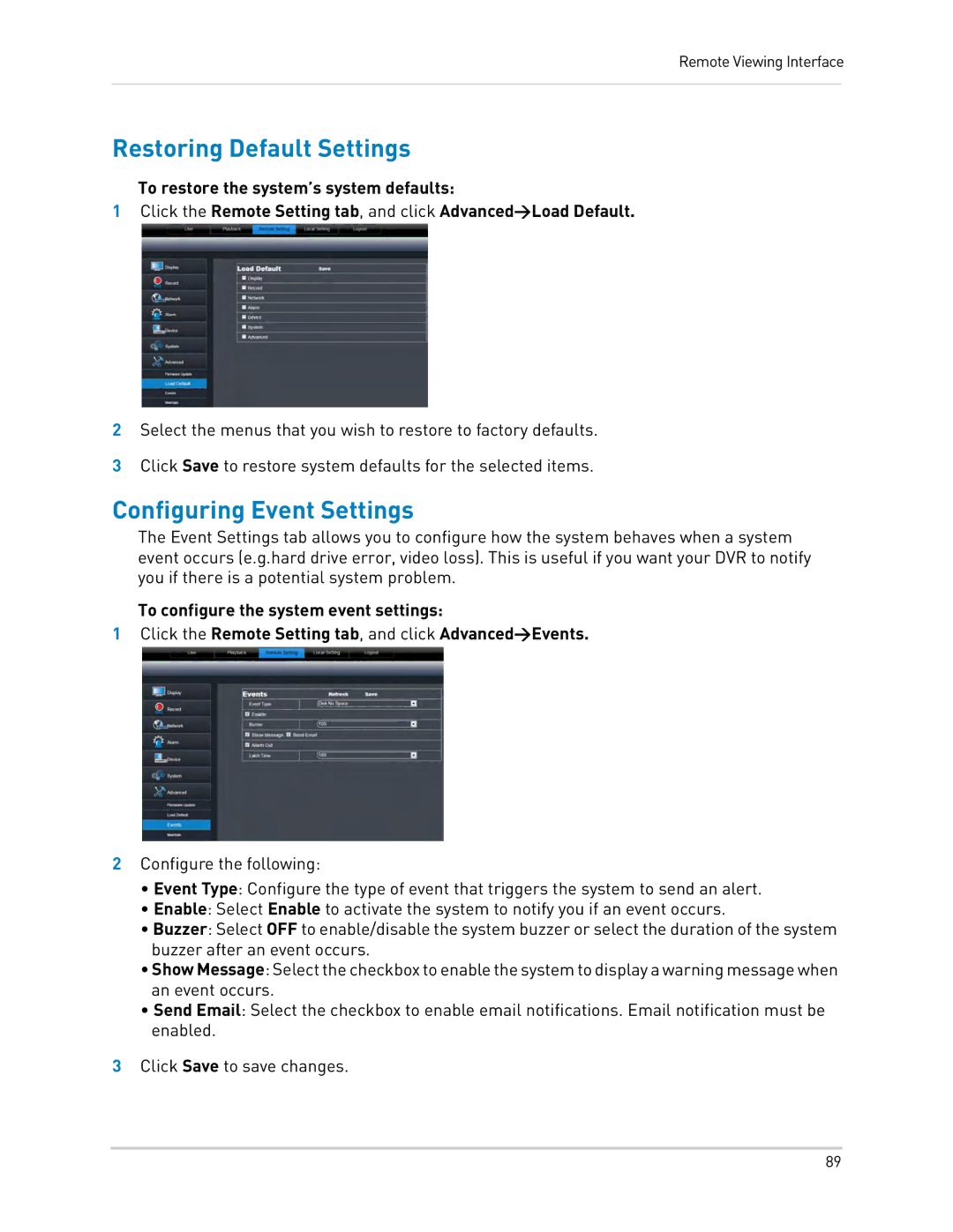 LOREX Technology LH0181011C8F instruction manual Restoring Default Settings, Configuring Event Settings 