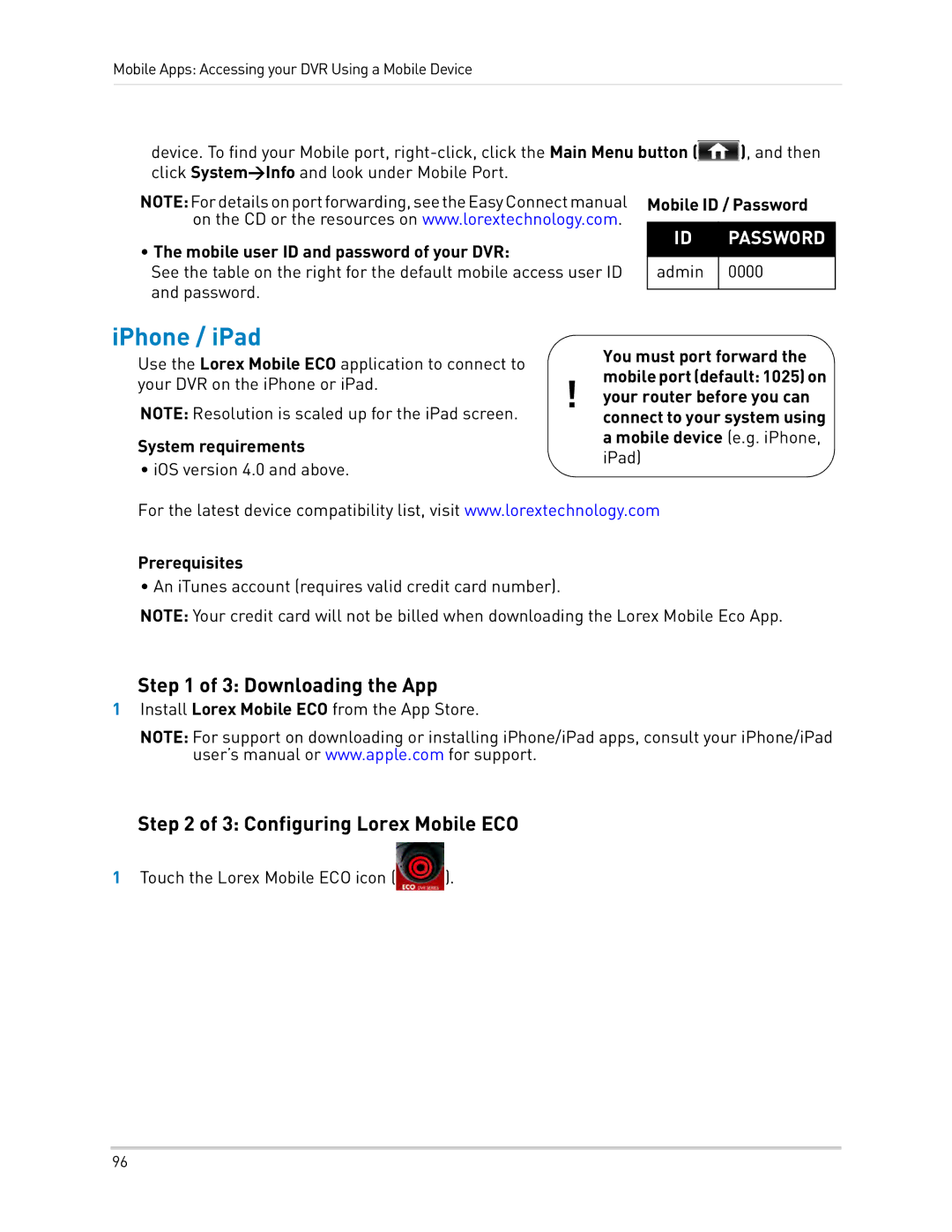 LOREX Technology LH0181011C8F instruction manual IPhone / iPad, Downloading the App, Configuring Lorex Mobile ECO 