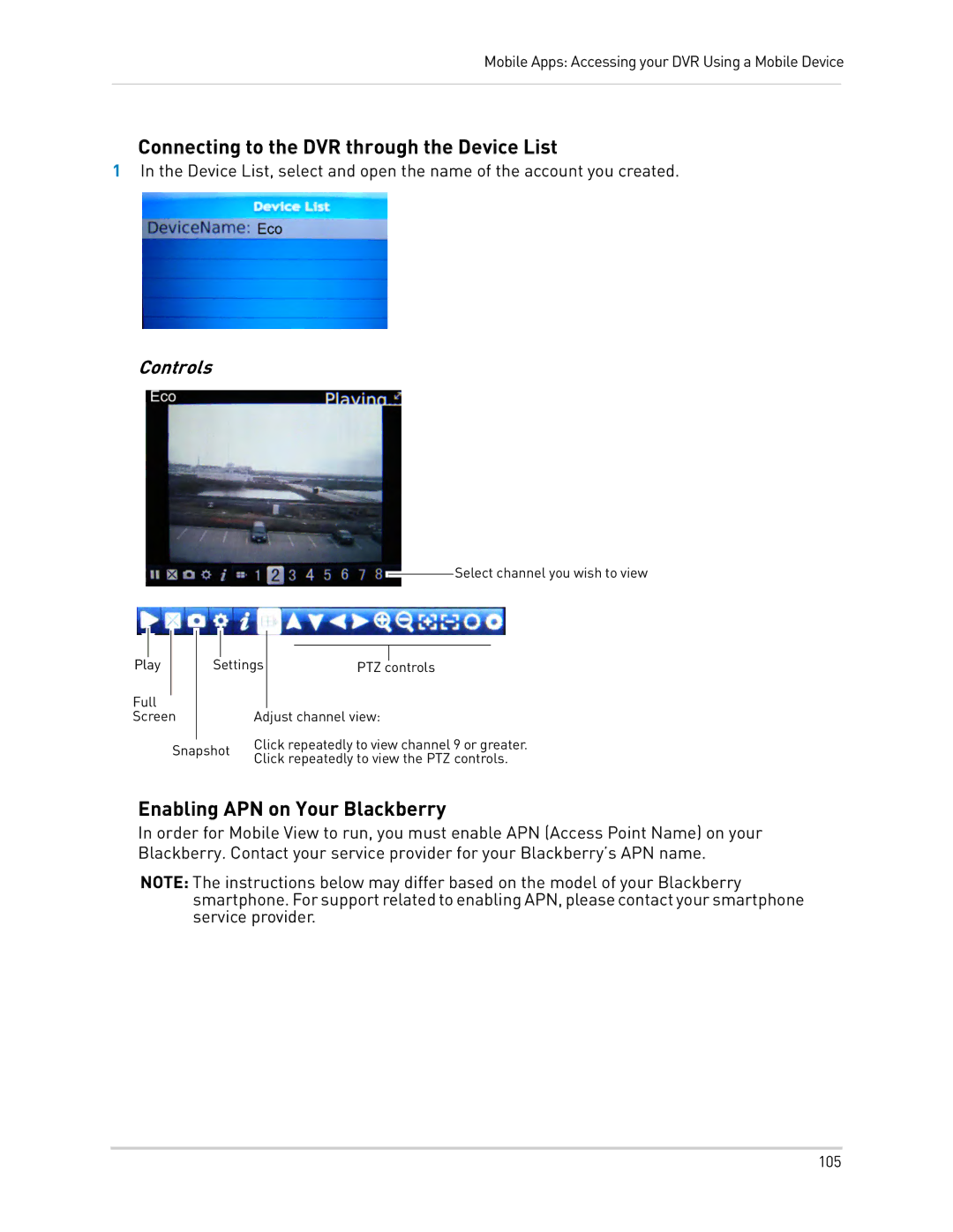 LOREX Technology LH0181011C8F Connecting to the DVR through the Device List, Enabling APN on Your Blackberry 