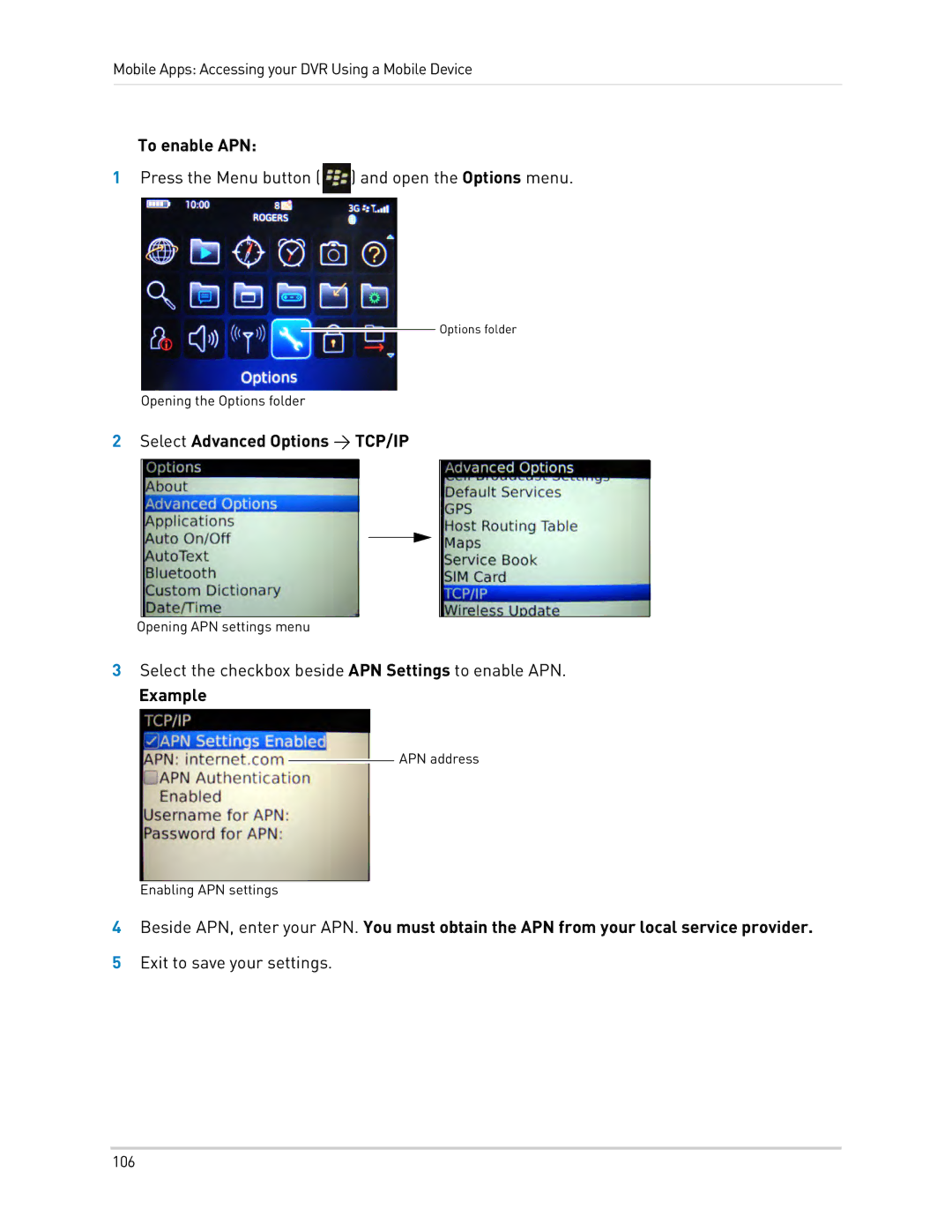 LOREX Technology LH0181011C8F instruction manual To enable APN, Select Advanced Options TCP/IP, Example 