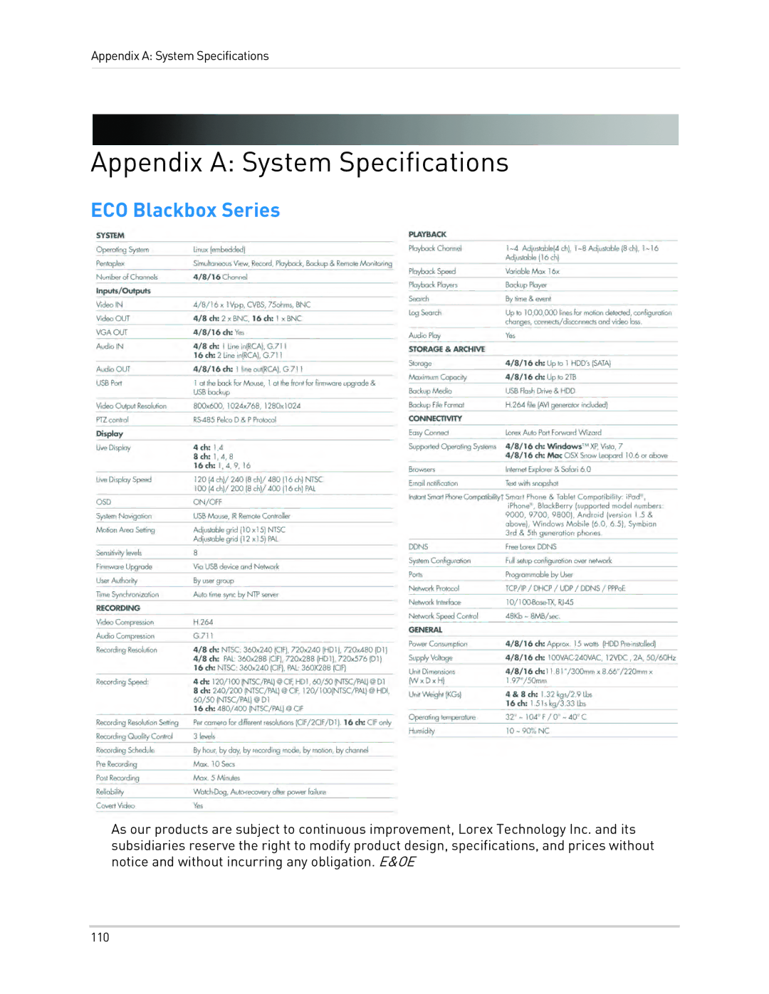 LOREX Technology LH0181011C8F instruction manual Appendix a System Specifications, ECO Blackbox Series 