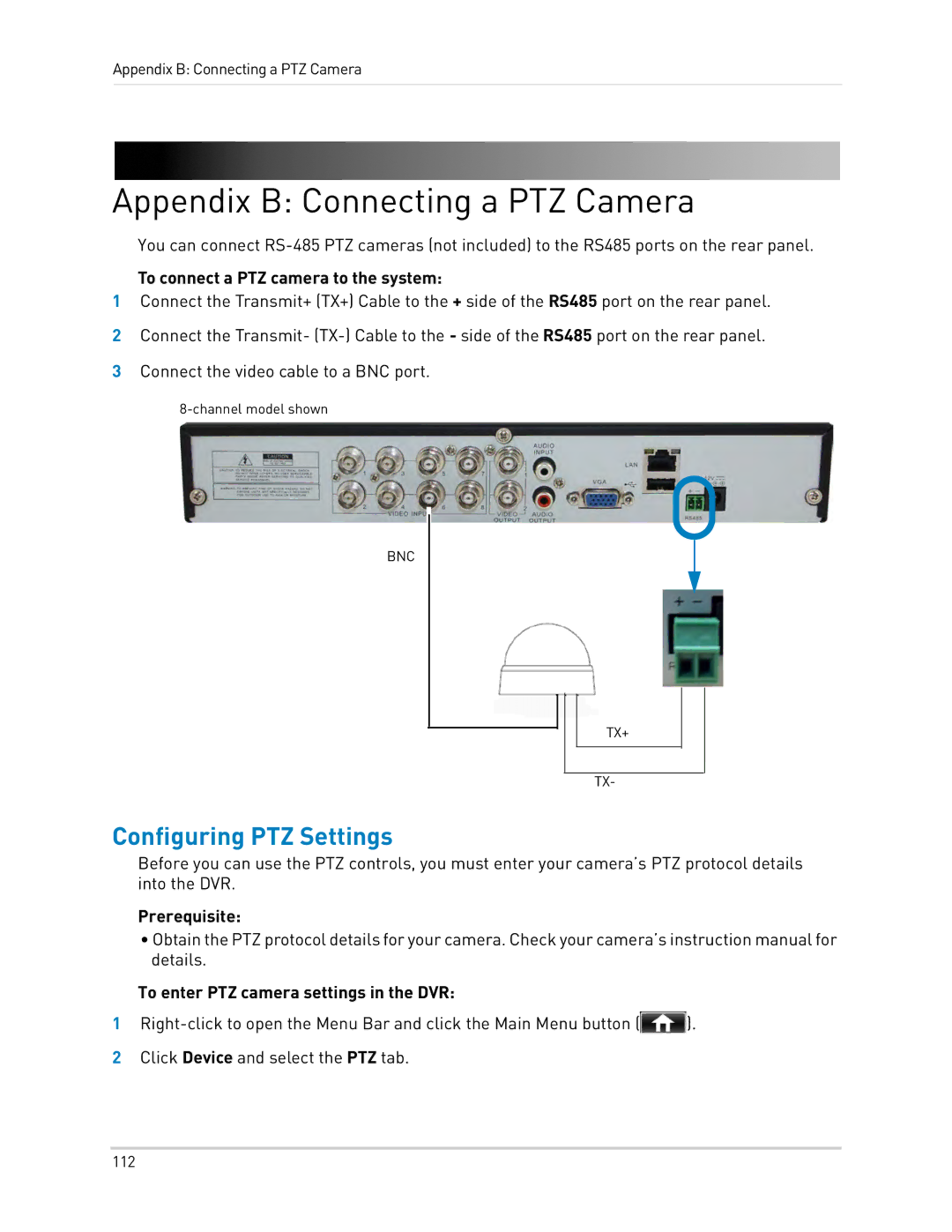 LOREX Technology LH0181011C8F instruction manual Appendix B Connecting a PTZ Camera, To connect a PTZ camera to the system 