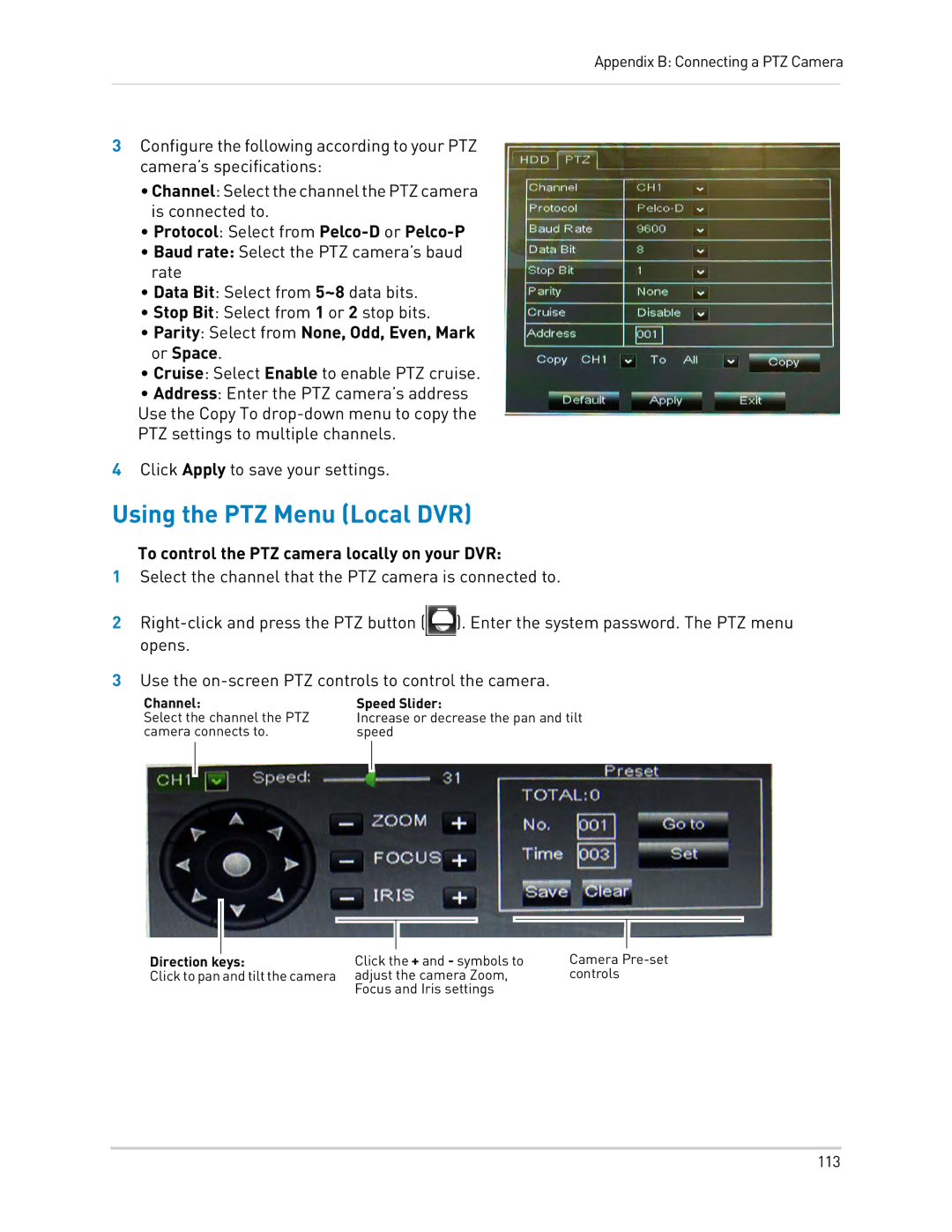 LOREX Technology LH0181011C8F instruction manual Using the PTZ Menu Local DVR, Protocol Select from Pelco-D or Pelco-P 