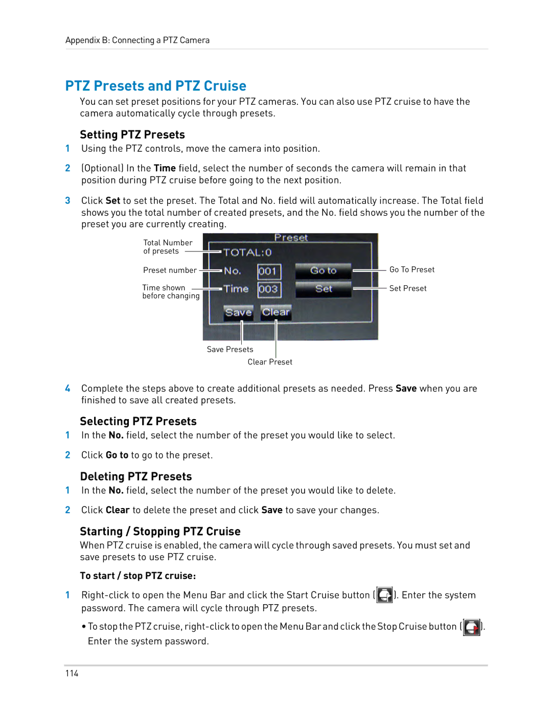 LOREX Technology LH0181011C8F PTZ Presets and PTZ Cruise, Setting PTZ Presets, Selecting PTZ Presets, Deleting PTZ Presets 