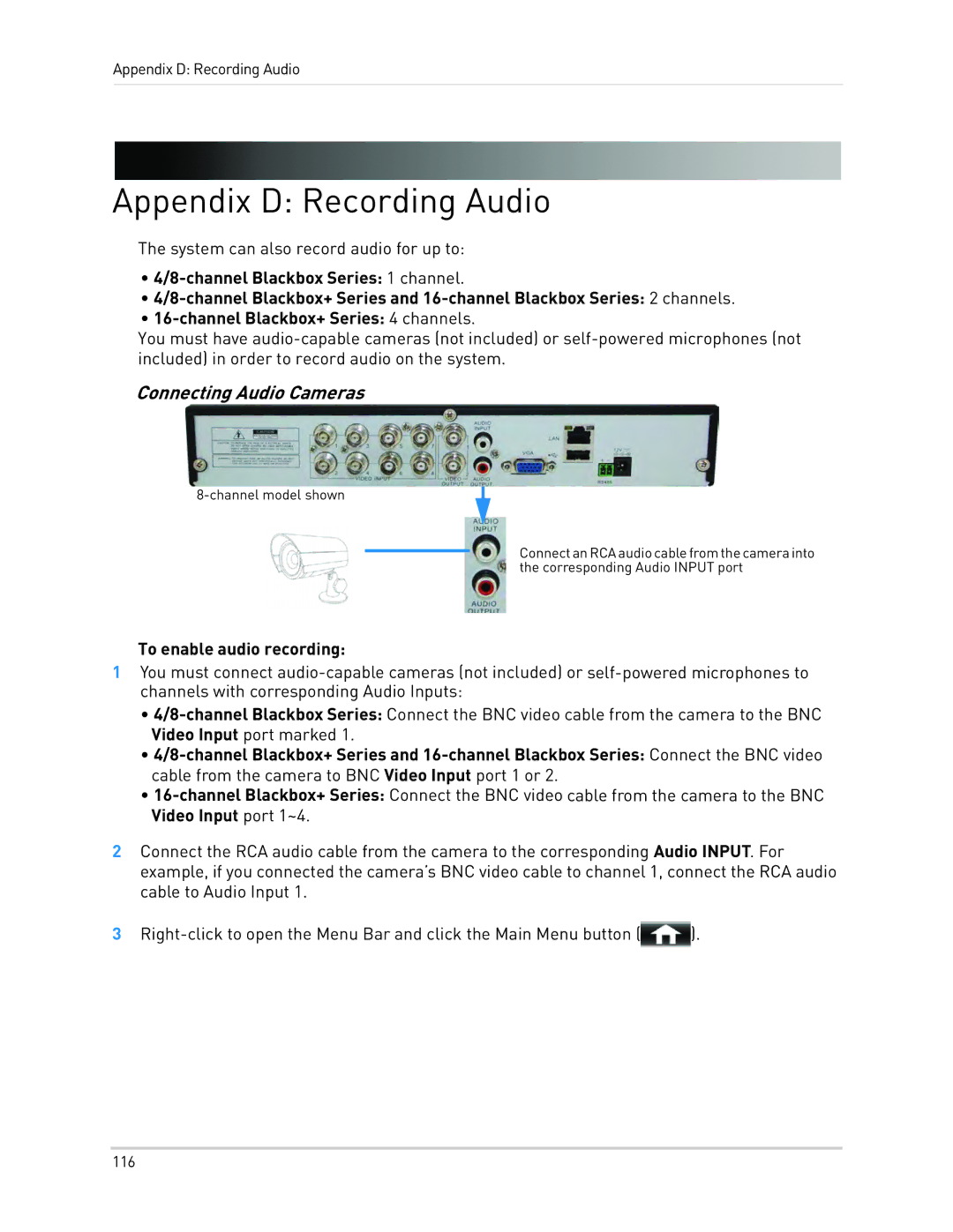 LOREX Technology LH0181011C8F instruction manual Appendix D Recording Audio, Connecting Audio Cameras 