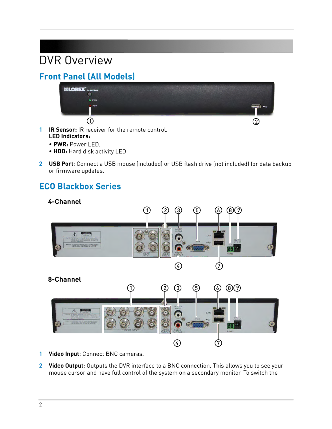 LOREX Technology LH0181011C8F DVR Overview, Front Panel All Models, ECO Blackbox Series, Channel, LED Indicators 