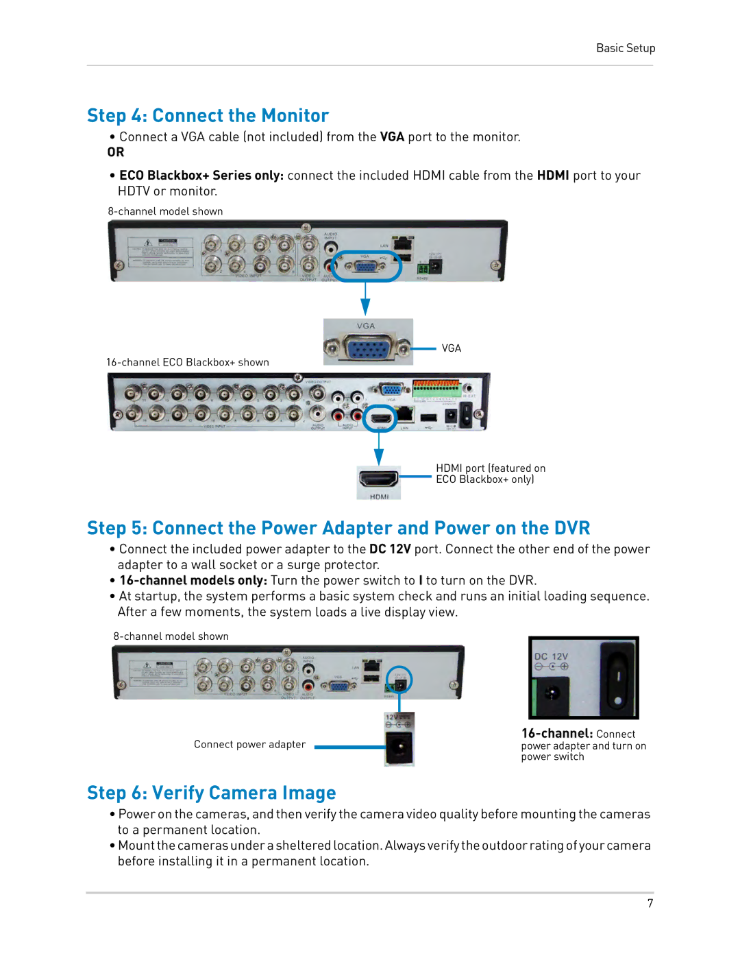 LOREX Technology LH0181011C8F Connect the Monitor, Connect the Power Adapter and Power on the DVR, Verify Camera Image 