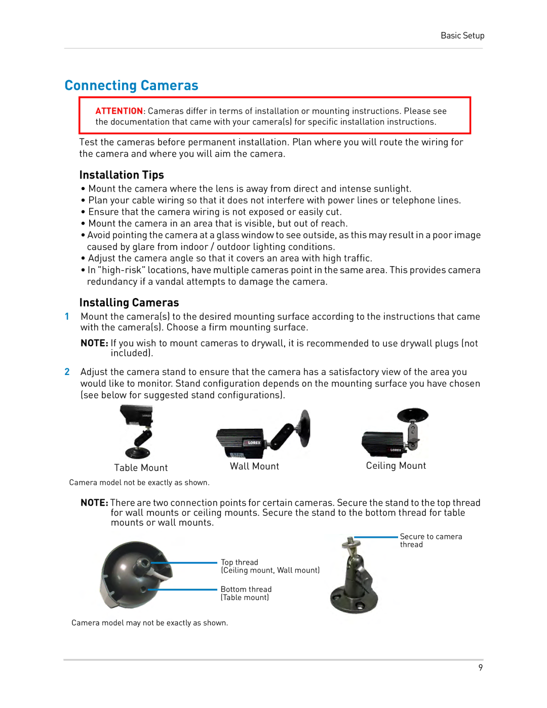 LOREX Technology LH0181011C8F instruction manual Connecting Cameras, Installation Tips, Installing Cameras 