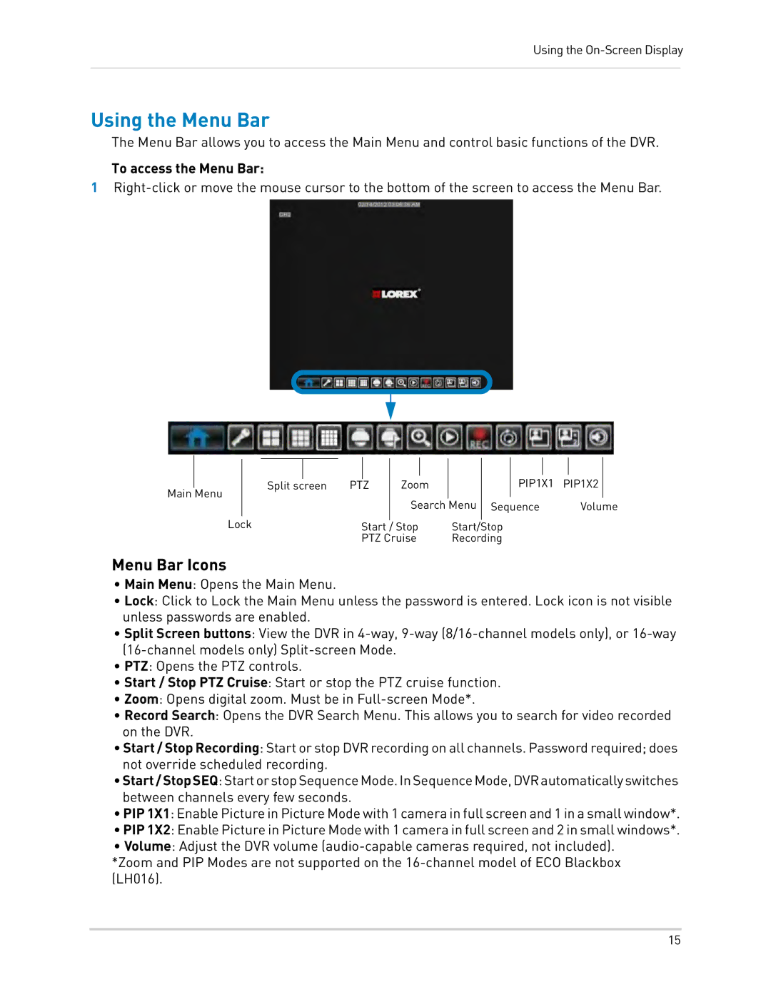 LOREX Technology LH0181011C8F instruction manual Using the Menu Bar, Menu Bar Icons, To access the Menu Bar 