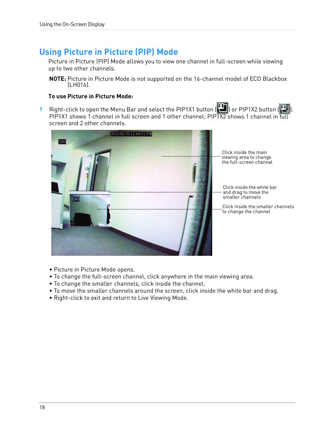 LOREX Technology LH0181011C8F instruction manual Using Picture in Picture PIP Mode, To use Picture in Picture Mode 