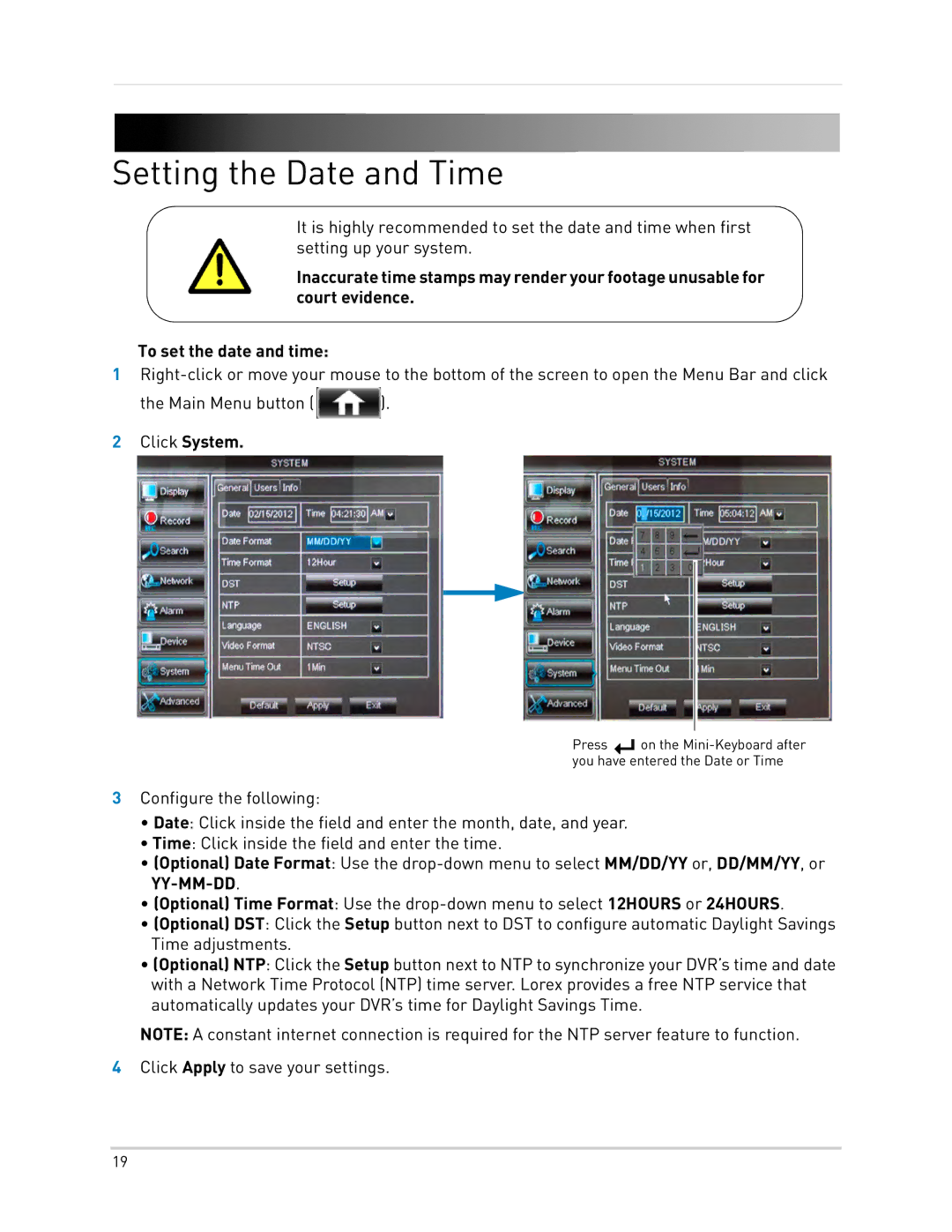 LOREX Technology LH0181011C8F instruction manual Setting the Date and Time, Click System 