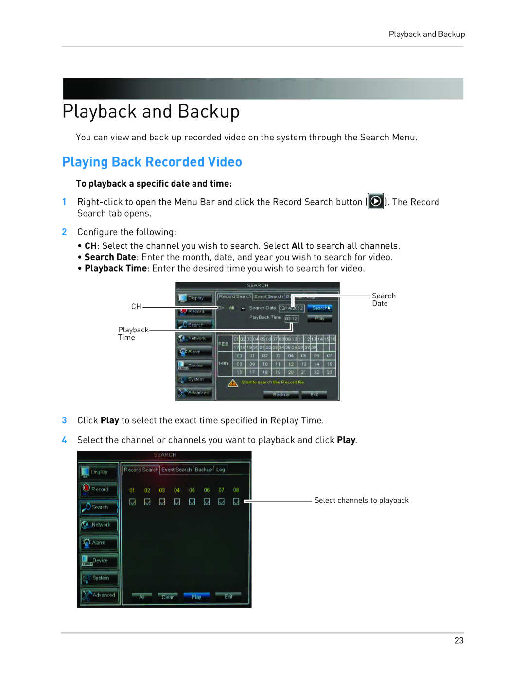 LOREX Technology LH0181011C8F Playback and Backup, Playing Back Recorded Video, To playback a specific date and time 