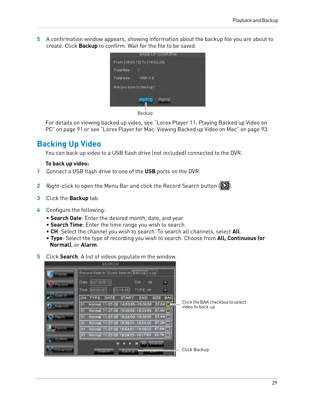 LOREX Technology LH0181011C8F instruction manual Backing Up Video, To back up video 