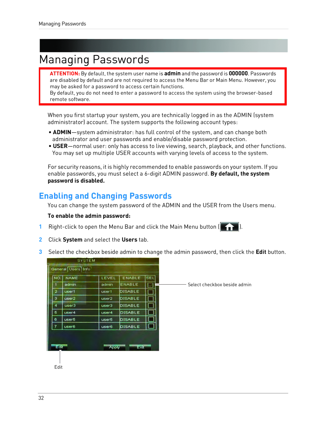 LOREX Technology LH0181011C8F Managing Passwords, Enabling and Changing Passwords, To enable the admin password 