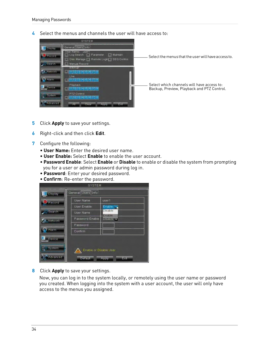 LOREX Technology LH0181011C8F instruction manual Select the menus and channels the user will have access to 