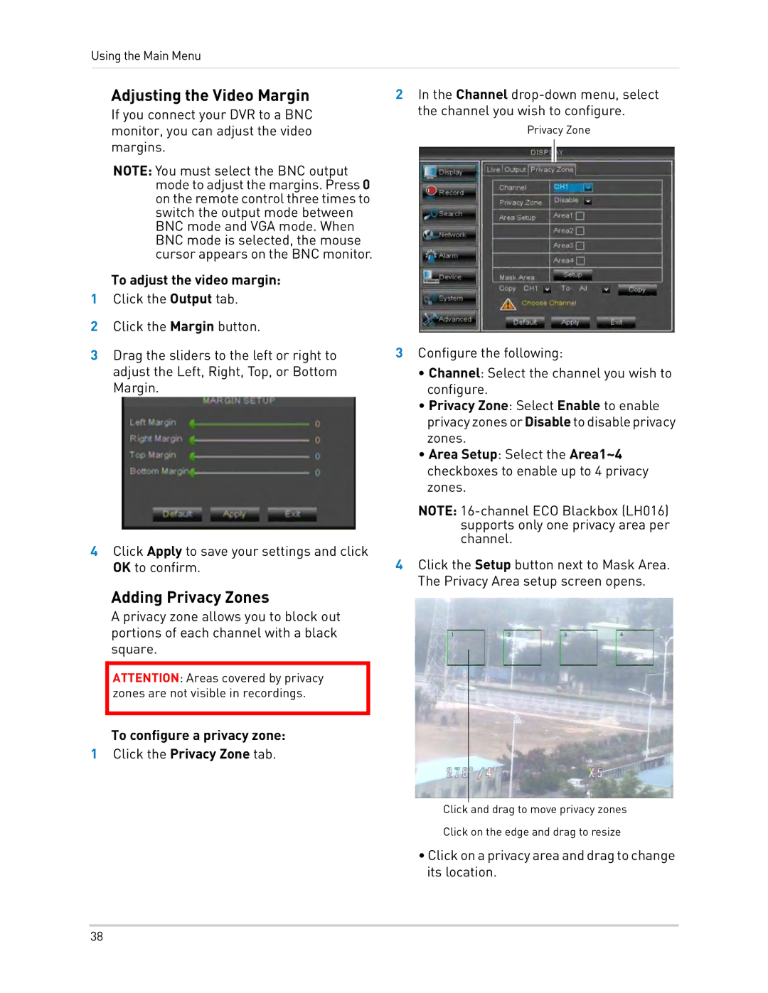 LOREX Technology LH0181011C8F Adjusting the Video Margin, Adding Privacy Zones, To adjust the video margin 